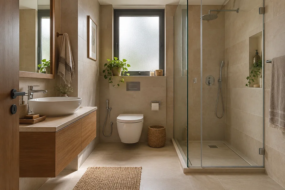 AI-generated concept: Compact Indian bathroom, sand-colour tiles, floating wood vanity with basin and tap, separate glass shower with drain, toilet, frosted daylight window.