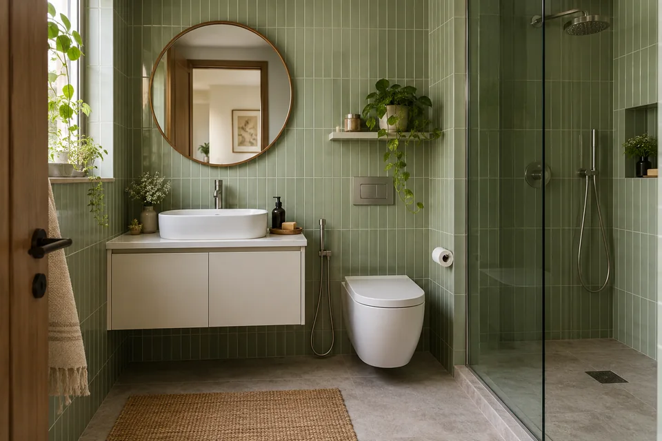AI-generated concept: Small bathroom, sage vertical tiles, white basin vanity, round mirror, glass shower partition.