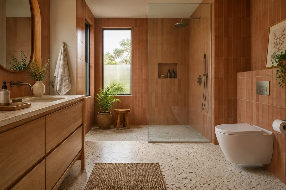 AI-generated concept: Bathroom with cream terrazzo floor, terracotta wall tiles, oak vanity, brushed metal fittings, separate shower area, daylight.