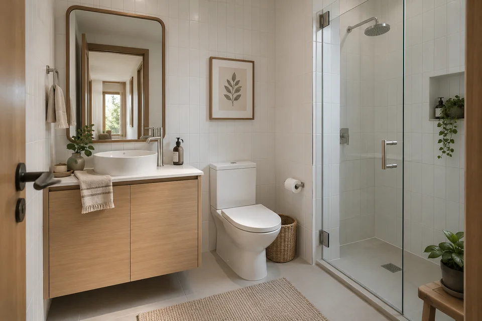 AI-generated concept: Small guest bathroom, white tiles, pale wood basin cabinet, simple mirror, toilet and compact enclosed shower, soft even light.