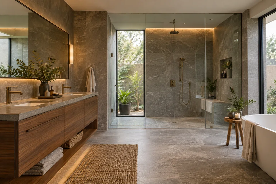 AI-generated concept: Large bathroom, grey natural stone walls, walnut double vanity, coherent matching taps, generous glass shower, daylight and warm indirect lighting.