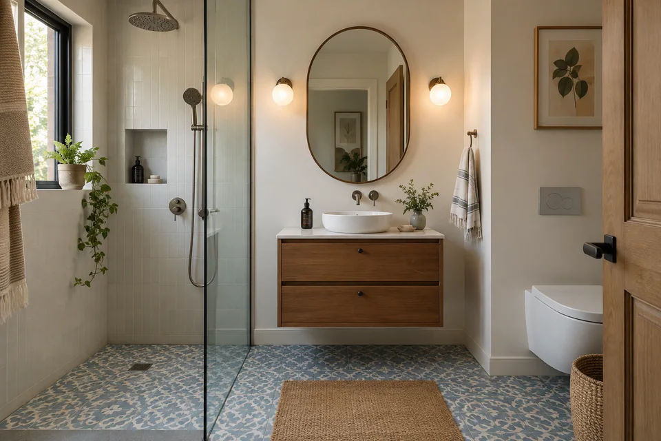 AI-generated concept: Compact urban bathroom, muted blue patterned floor tiles, white walls, small wood vanity, oval mirror, shower partition.