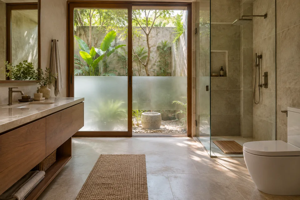 AI-generated concept: Private ground-floor bathroom facing enclosed planted courtyard through frosted lower glass, pale stone floor, teak vanity, enclosed shower.