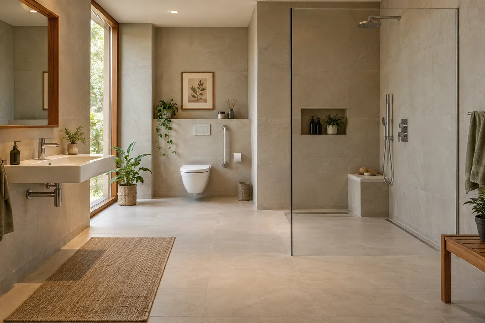 AI-generated concept: spacious bathroom with wall-hung basin, shower bench and matte neutral tiles.