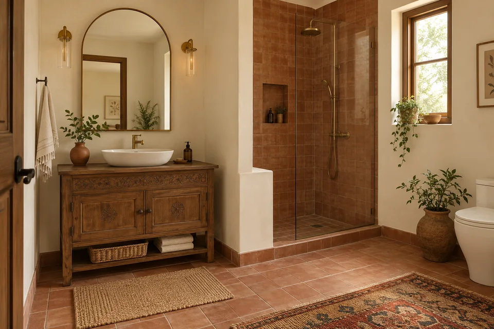 AI-generated concept: Indian bathroom with terracotta-look tiles, cream walls, simple carved wood vanity, brass-tone tap, arched mirror, modern separate shower.