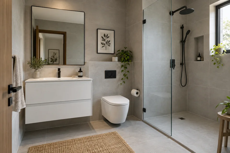 AI-generated concept: Compact bathroom, light grey matte tiles, white floating vanity, rectangular mirror, black tap, glass shower with drain.