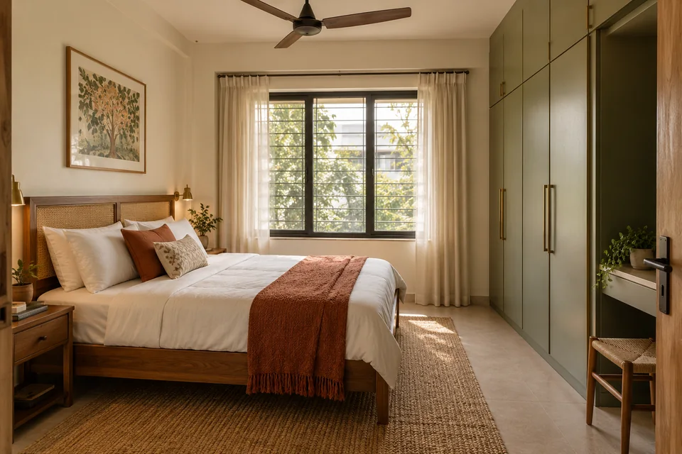 AI-generated concept: Compact Indian bedroom, queen teak bed, white cotton bedding, rust throw, full-height wardrobe, soft morning window light, ceiling fan.