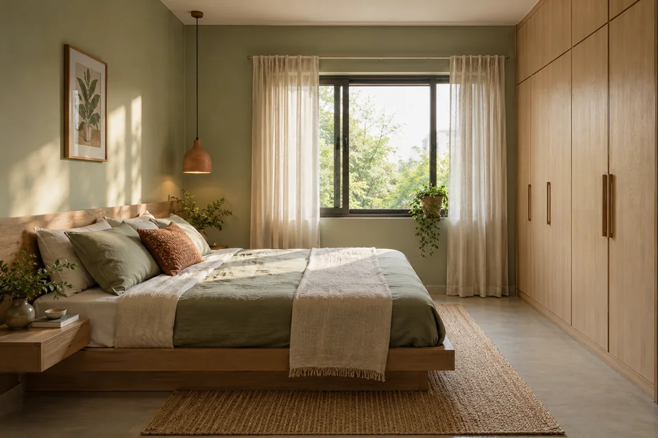 AI-generated concept: Small sage green bedroom, platform bed, pale wood wardrobe, simple bedside pendant, linen curtains, uncluttered floor.
