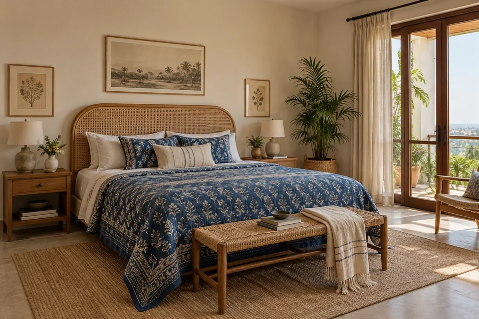 AI-generated concept: Bedroom with cane headboard, indigo block-print bedspread, warm oak nightstands, soft cream walls, woven bench.