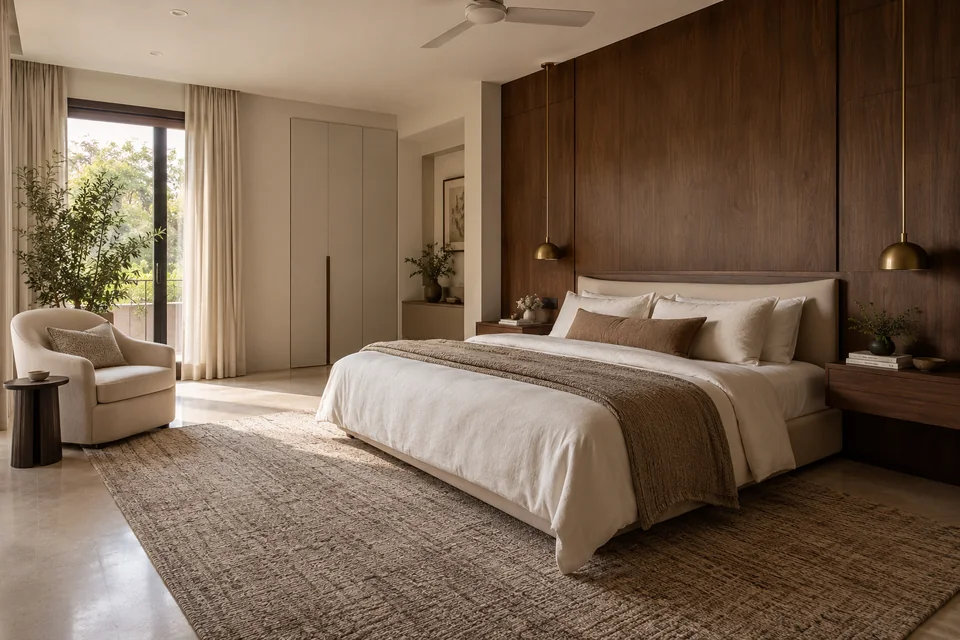 AI-generated concept: Large bedroom with walnut headboard wall, ivory bedding, cushioned reading chair, textured rug, concealed wardrobe, soft side daylight.