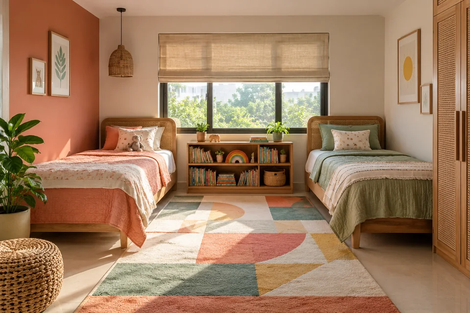 AI-generated concept: Shared childrens bedroom, two separate single beds, coral and sage bedding, simple low bookshelf, cheerful geometric rug, daylight.