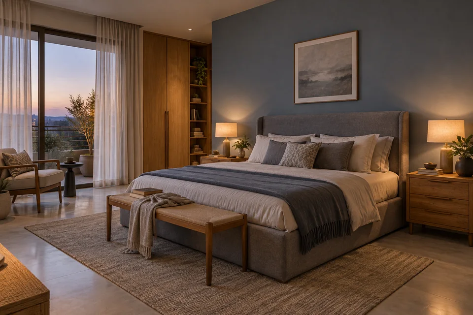 AI-generated concept: Adult bedroom with muted slate blue wall, upholstered grey bed, oak storage, warm bedside lamps, sheer curtains in evening light.