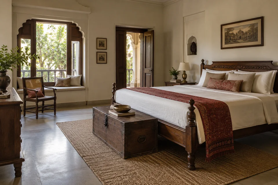 AI-generated concept: Indian bedroom with simple carved teak bed, off-white bedding, handwoven red runner, antique wooden chest, restrained heritage details.