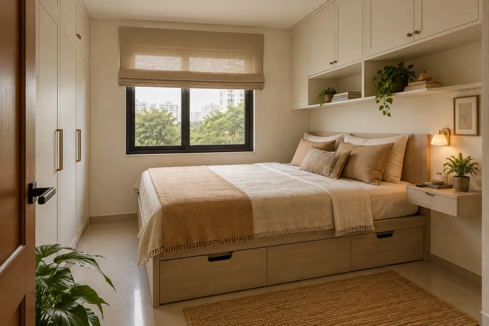 AI-generated concept: Very compact urban bedroom with storage platform bed, off-white wall cabinets, small wall-mounted bedside shelf, warm beige textiles.