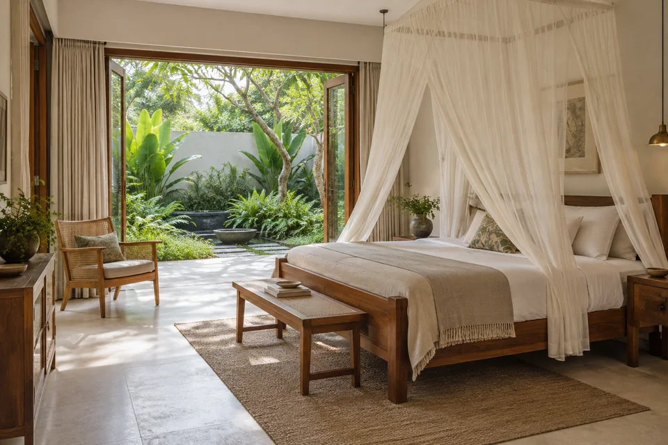 AI-generated concept: Bedroom opening toward lush enclosed garden, teak bed, mosquito-net style light canopy neatly draped, cane chair, pale stone floor.