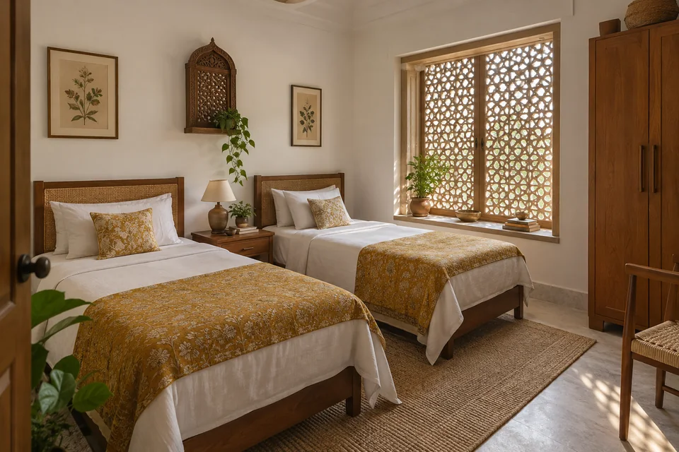AI-generated concept: Modest guest bedroom with twin beds, mustard patterned bed throws, white walls, wooden wardrobe, jali-inspired ventilated window screen.