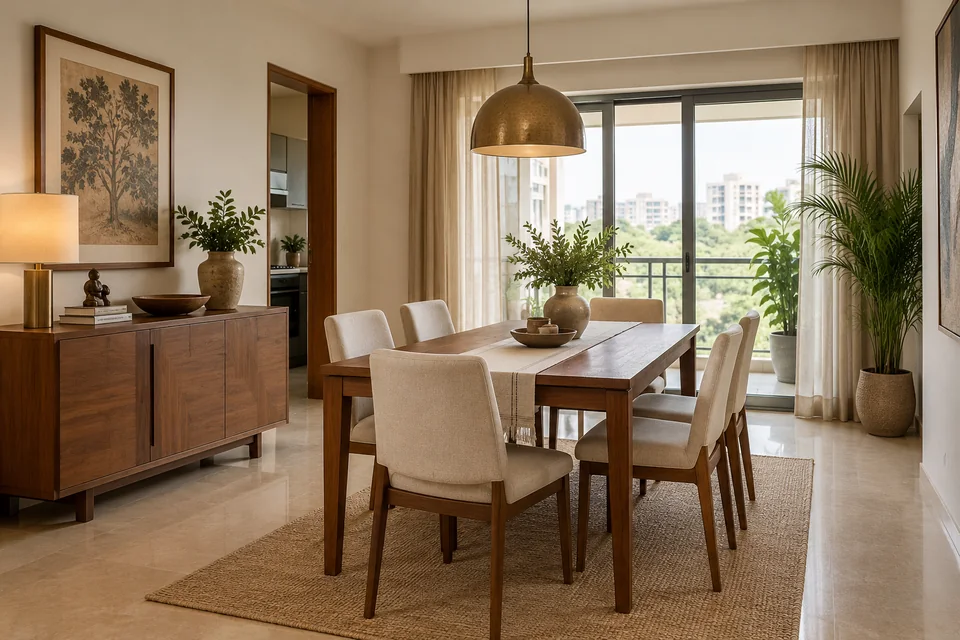 AI-generated concept: Indian apartment dining room, six-seat teak dining table, upholstered beige chairs, sideboard, pendant lamp, daylight.