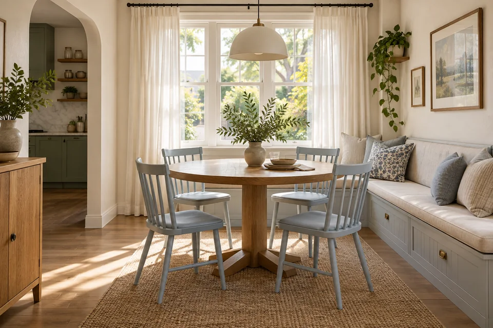 AI-generated concept: Compact dining nook, round oak table for four, pale blue chairs, built-in corner bench, bright window, cotton curtains.