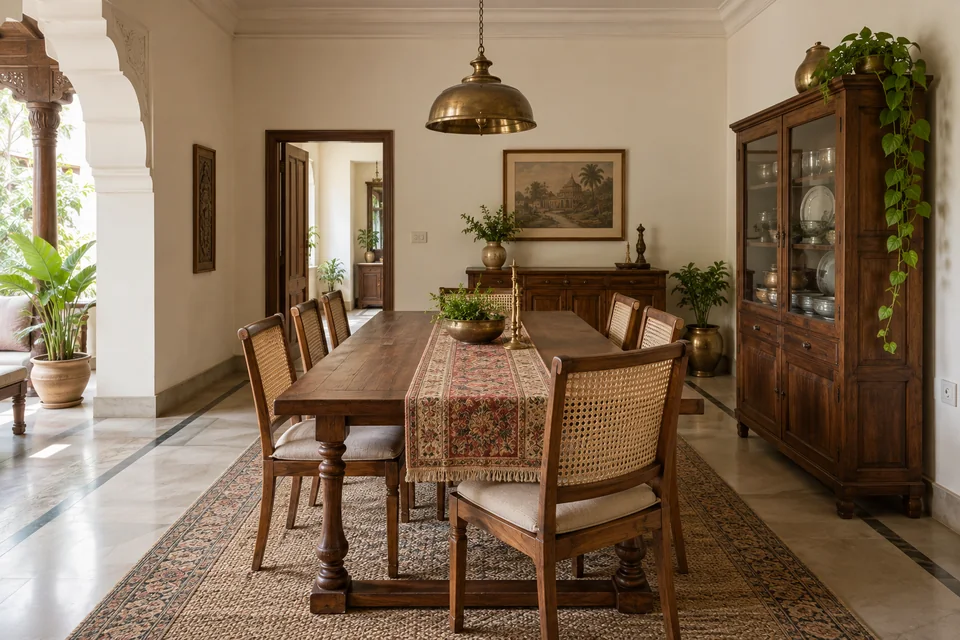 AI-generated concept: Heritage Indian dining room, rectangular solid teak table, cane-back chairs, wooden crockery cabinet, cream walls, patterned runner.