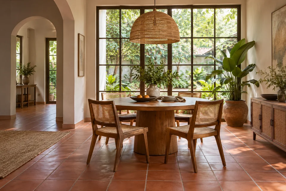 AI-generated concept: Airy dining room, round wooden table, woven rattan pendant, cane chairs, terracotta floor, garden-facing window.