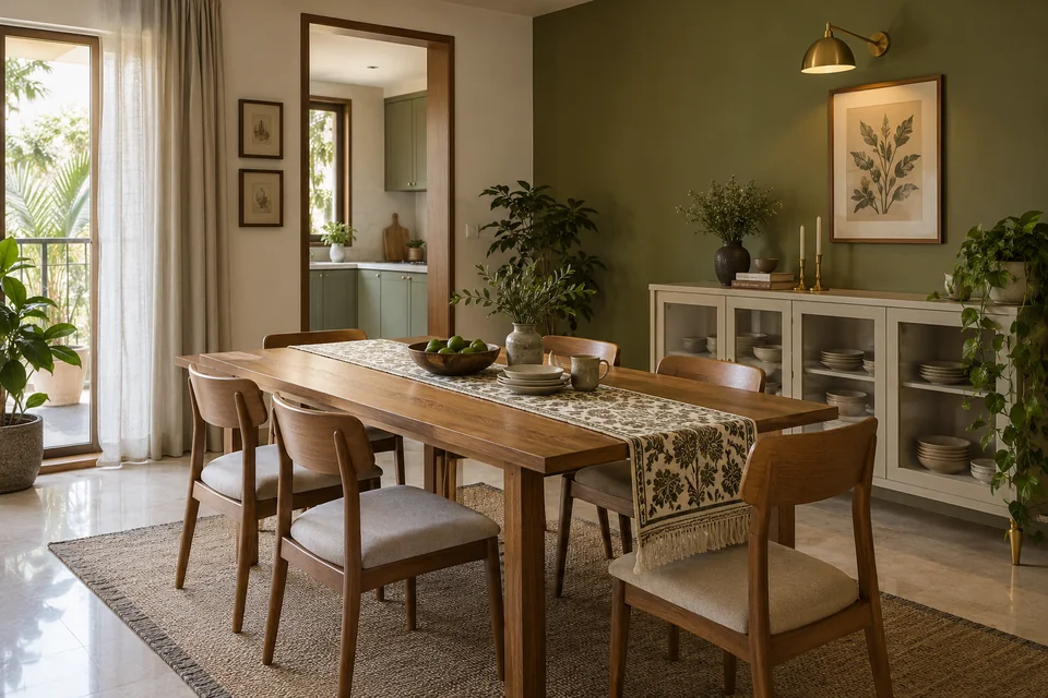 AI-generated concept: Apartment dining room with olive green accent wall, oak six-seat table, brass wall light, neutral crockery cabinet, block-print runner.