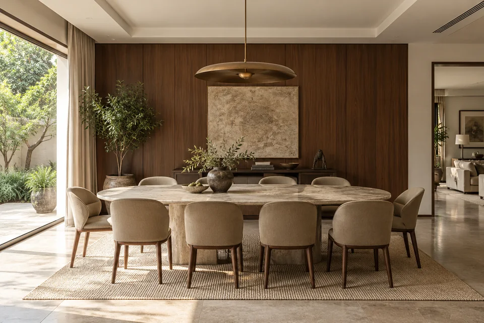 AI-generated concept: Large dining room with oval stone table, eight sand-coloured chairs, restrained bronze pendant, walnut wall panel and daylight.