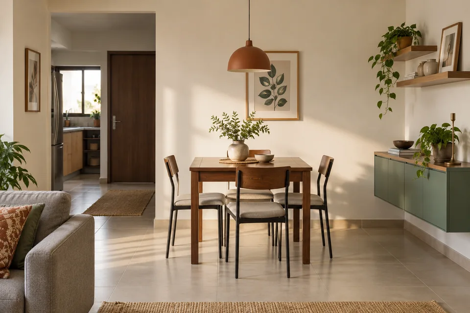 AI-generated concept: Small budget apartment dining area, four-seat square wood table against pale wall, slim chairs, floating storage cabinet, soft daylight.