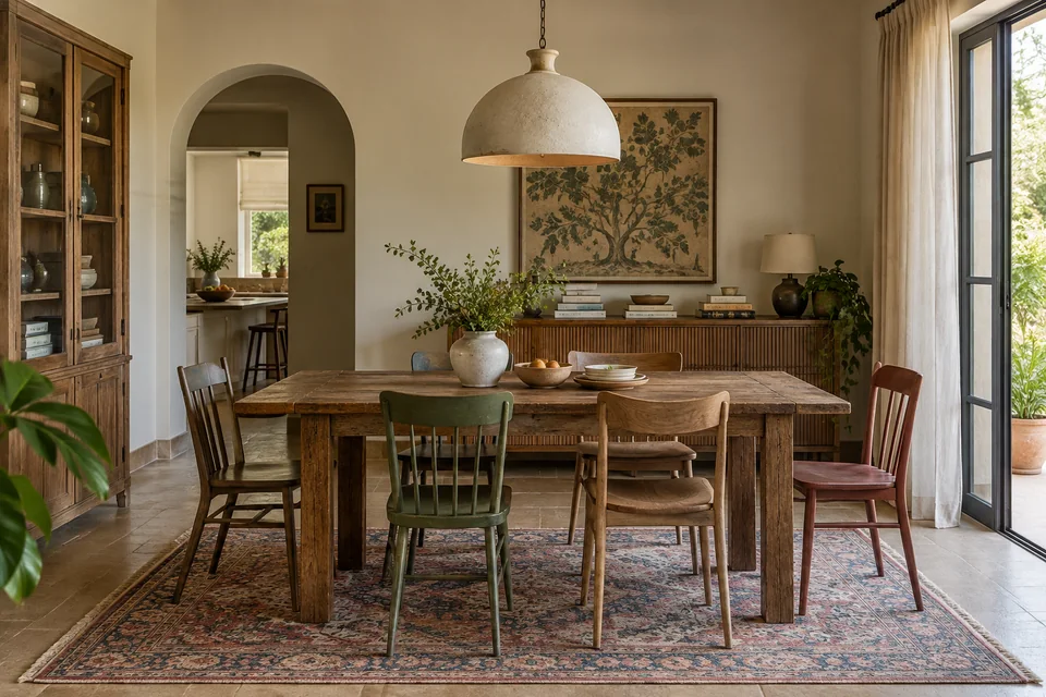 AI-generated concept: Family dining room with mixed muted-colour wooden chairs, reclaimed wood table, patterned rug, ceramic pendant and books on sideboard.