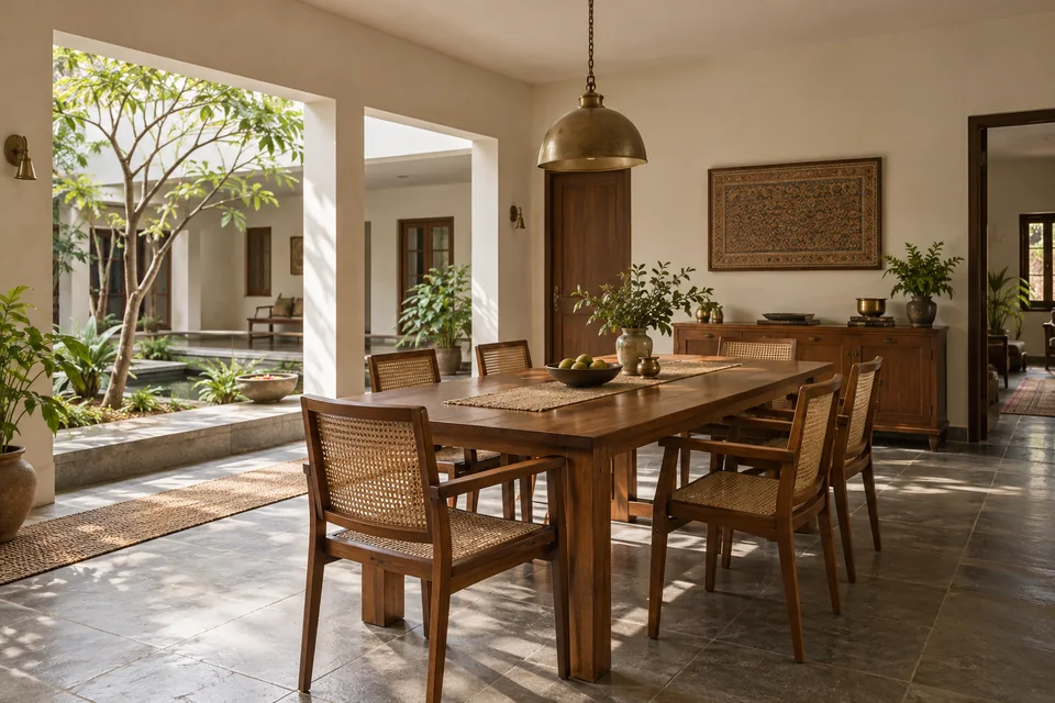 AI-generated concept: Indian house dining room with teak table and cane chairs beside a shaded internal courtyard, stone floor, warm white walls.