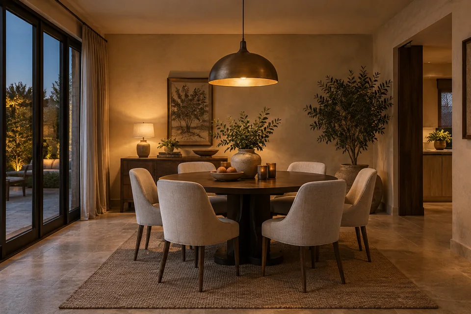 AI-generated concept: Medium dining room, dark wood round table, six upholstered chairs, warm pendant pool of light, textured beige walls, early evening.