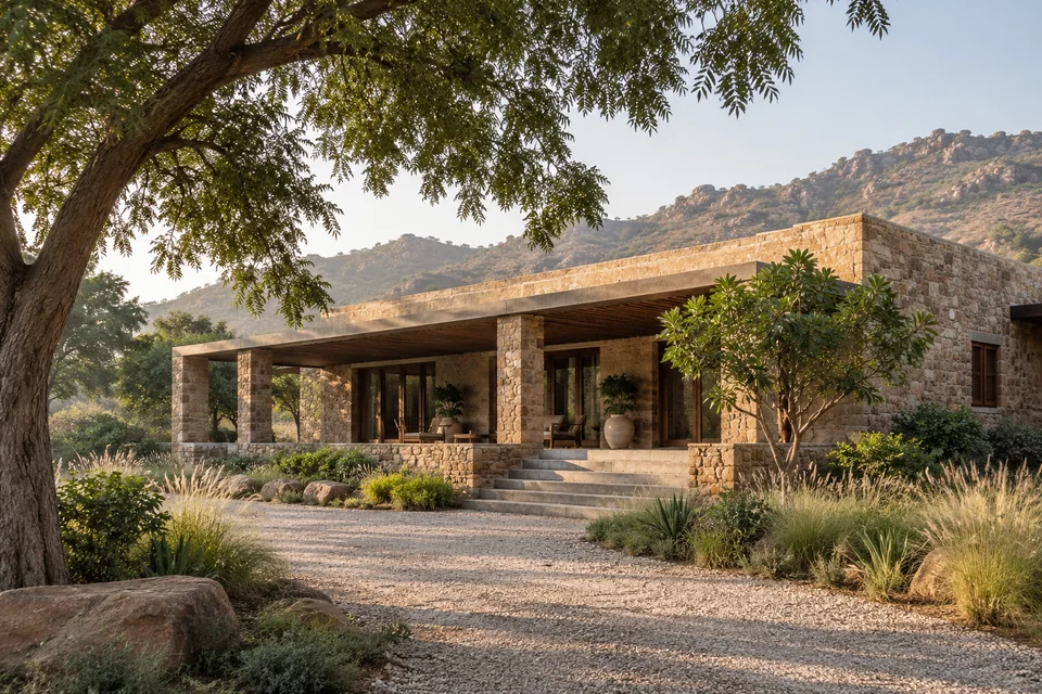 AI-generated concept: A single-storey Indian farmhouse exterior near the Aravalli foothills, warm local stone walls, deep shaded veranda, flat roof, gravel arrival path, native grasses and mature neem trees, soft morning light.