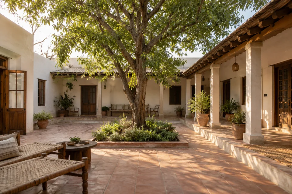AI-generated concept: An Indian farmhouse courtyard enclosed by low lime-plastered wings, a mature neem tree growing in a central planted bed, terracotta paving, shaded colonnade, wooden doors and woven outdoor seating, late afternoon light.