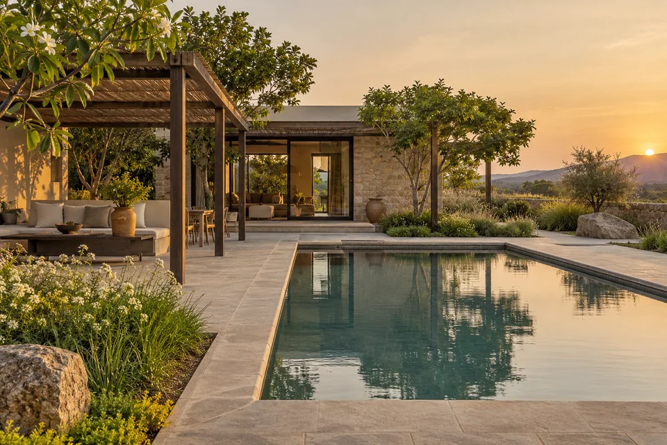 AI-generated concept: A restrained contemporary Indian farmhouse pool garden, rectangular pool with broad stone coping, low stone and glass pavilion beyond, shaded timber pergola, native garden planting, warm evening light.