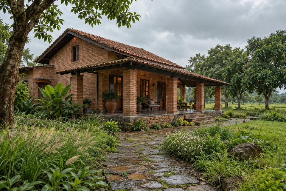 AI-generated concept: A modest Indian countryside farmhouse exterior built from exposed red brick, sloping clay tile roof, deep front porch, stone footpath through meadow planting, mango trees in the distance, overcast monsoon daylight.