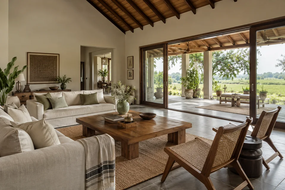 AI-generated concept: A spacious Indian farmhouse living room opening through sliding doors onto a shaded veranda and green fields, high timber ceiling, linen sofas, solid teak table, Kota stone floor, understated woven details, soft daylight.