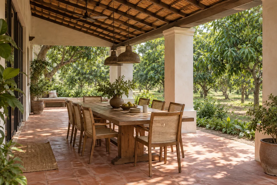 AI-generated concept: An Indian farmhouse dining veranda overlooking a mango orchard, long solid wood dining table with eight cane chairs, deep covered roof, lime plaster columns, terracotta floor, dappled midday light.