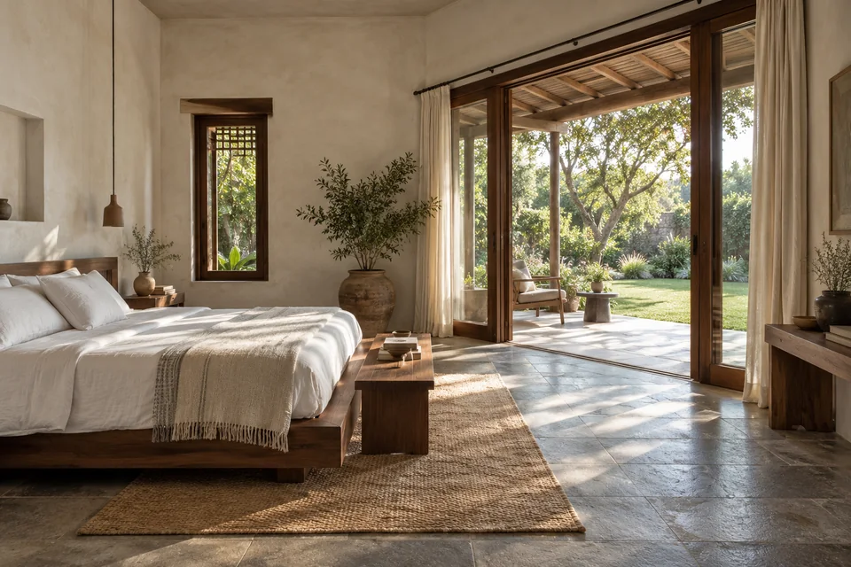 AI-generated concept: An Indian farmhouse bedroom with a low teak bed and white linen, lime-plaster walls, wide garden-facing glass doors, stone flooring and a shaded veranda beyond, quiet morning light.