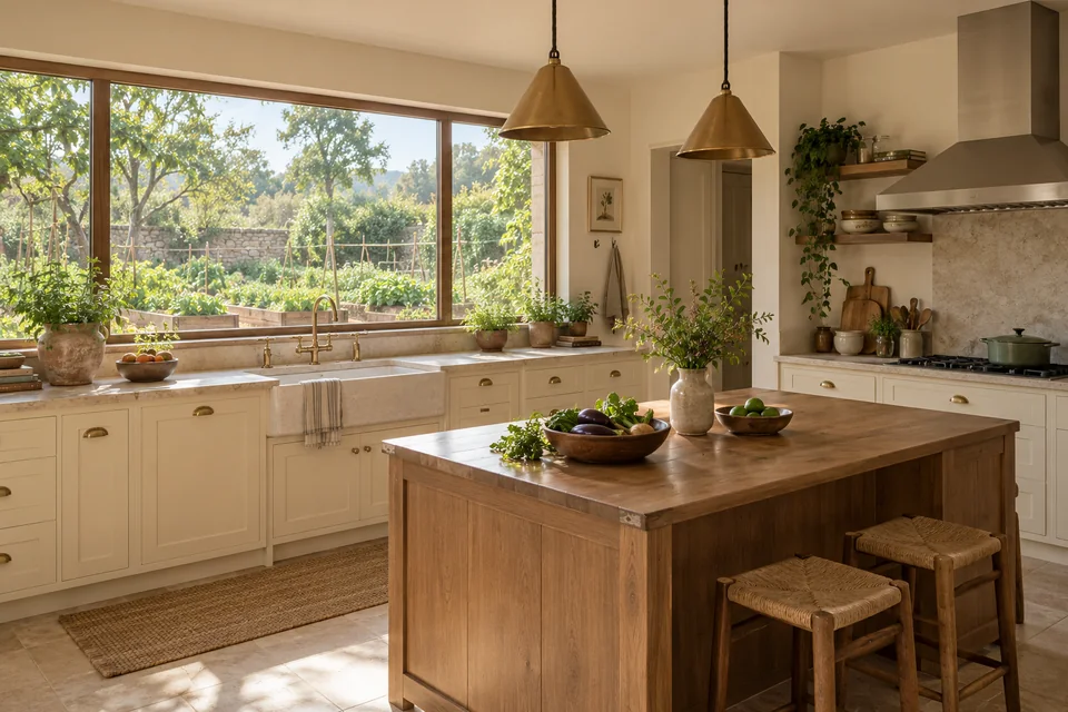 AI-generated concept: A practical Indian farmhouse kitchen with cream cabinetry, timber island, brass handles, stone counters, distinct sink and hob with extraction hood, broad window overlooking a vegetable garden, natural morning light.