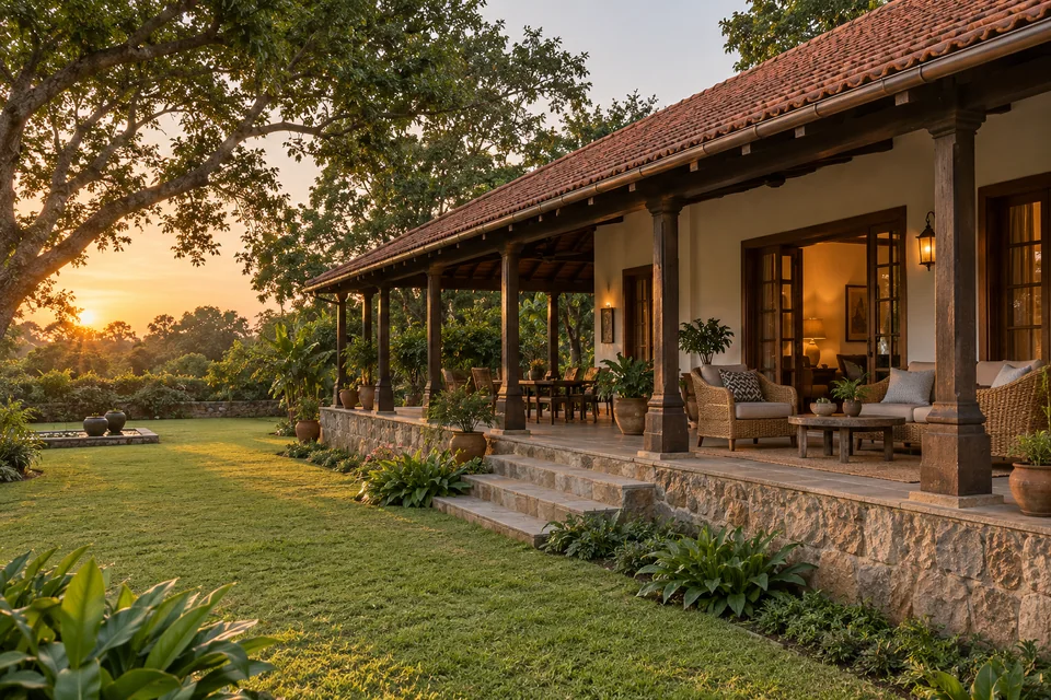 AI-generated concept: A traditional Indian farmhouse wraparound veranda with clay tiled pitched roof, timber posts, stone plinth, woven chairs and low tables, broad garden lawn with mature trees, soft amber dusk light.