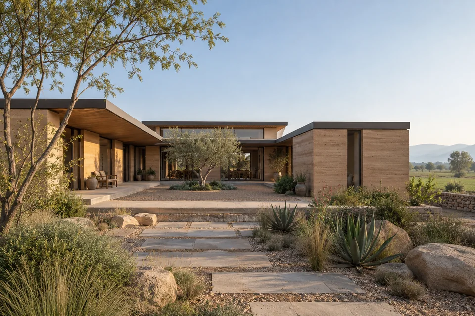 AI-generated concept: A contemporary Indian farmhouse exterior built around an open courtyard, rammed earth walls, deep roof overhangs, simple rectangular architecture, dry native landscaping with stone pathways, distant farmland, clear early morning light.