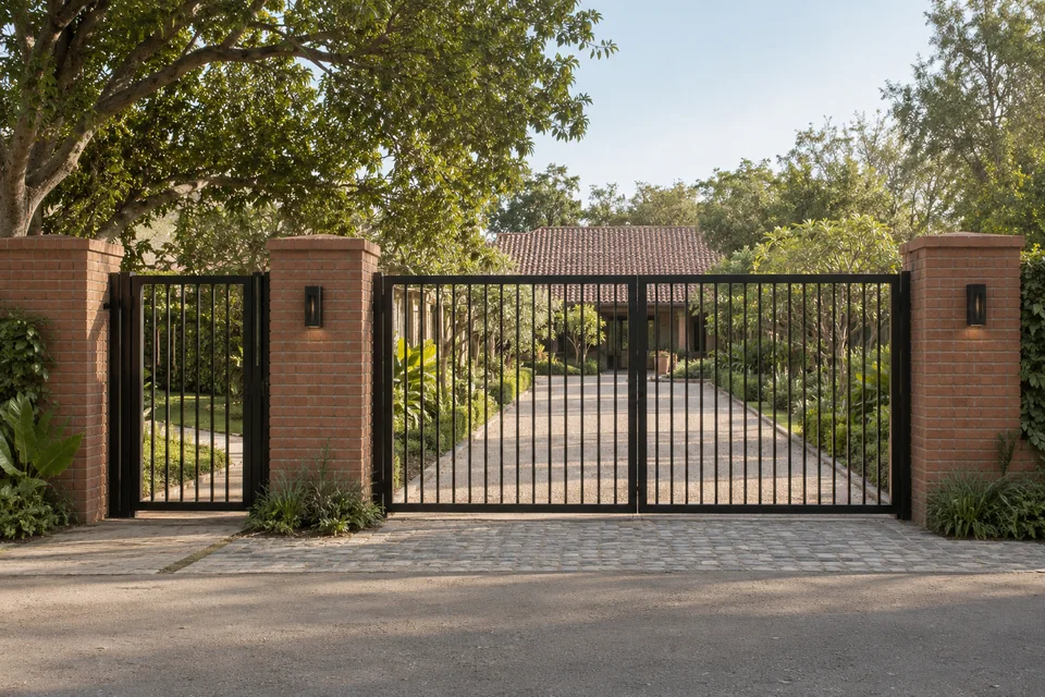 AI-generated farmhouse concept: a black steel country gate.