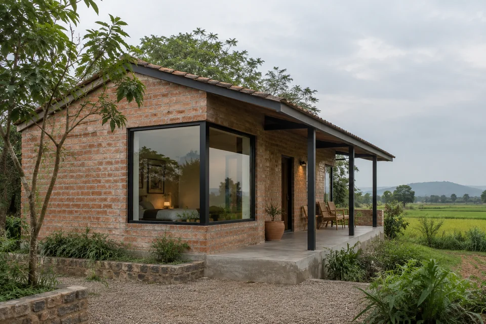 AI-generated farmhouse concept: a brick retreat for two.