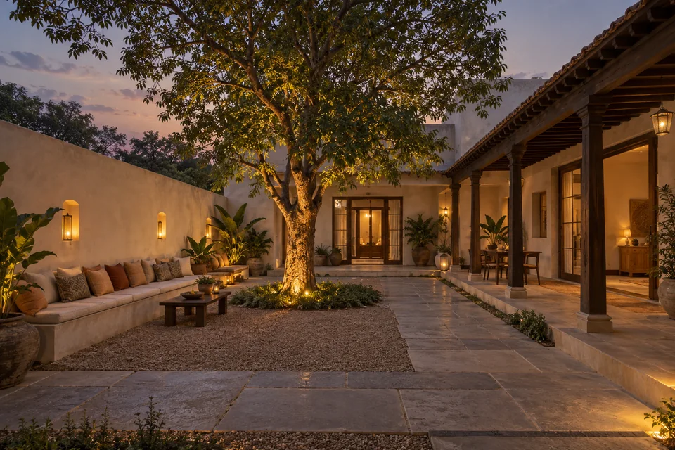 AI-generated farmhouse concept: a courtyard for evening gatherings.