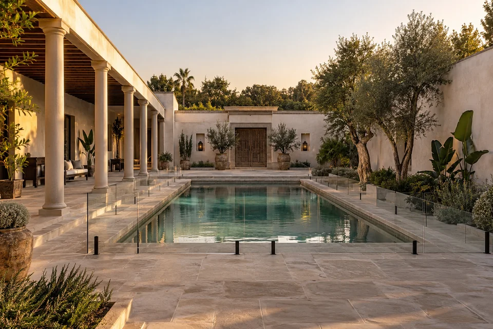 AI-generated farmhouse concept: a courtyard pool with a shaded edge.