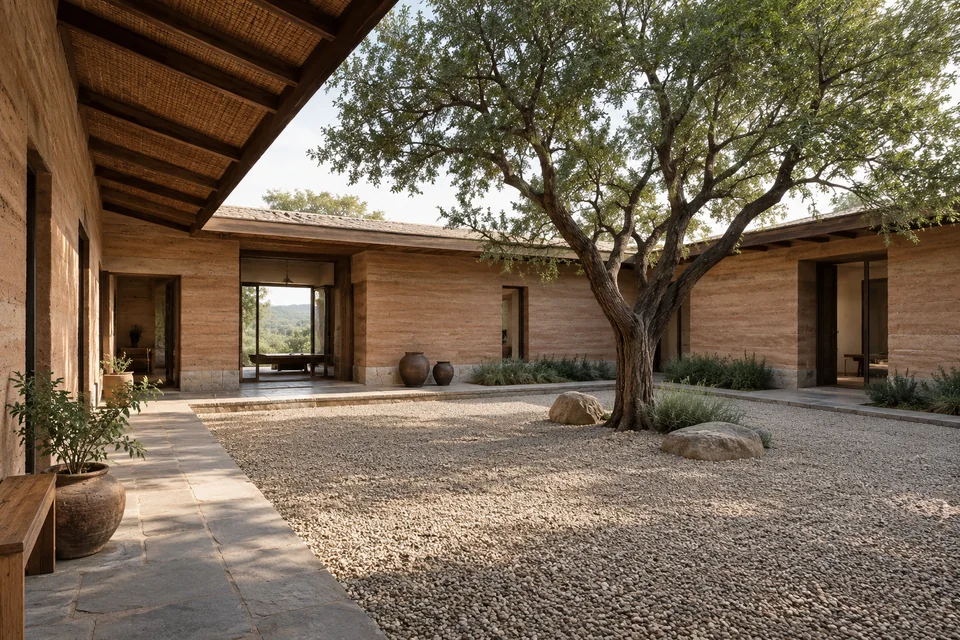 AI-generated farmhouse concept: a gravel court in earth tones.