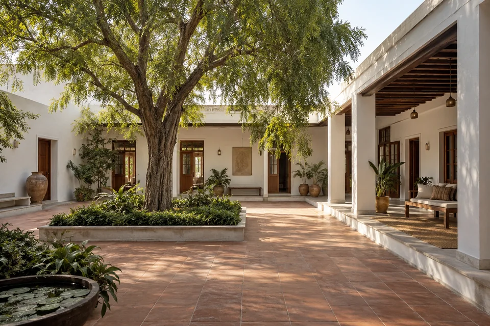 AI-generated farmhouse concept: a neem court with a shaded gallery.