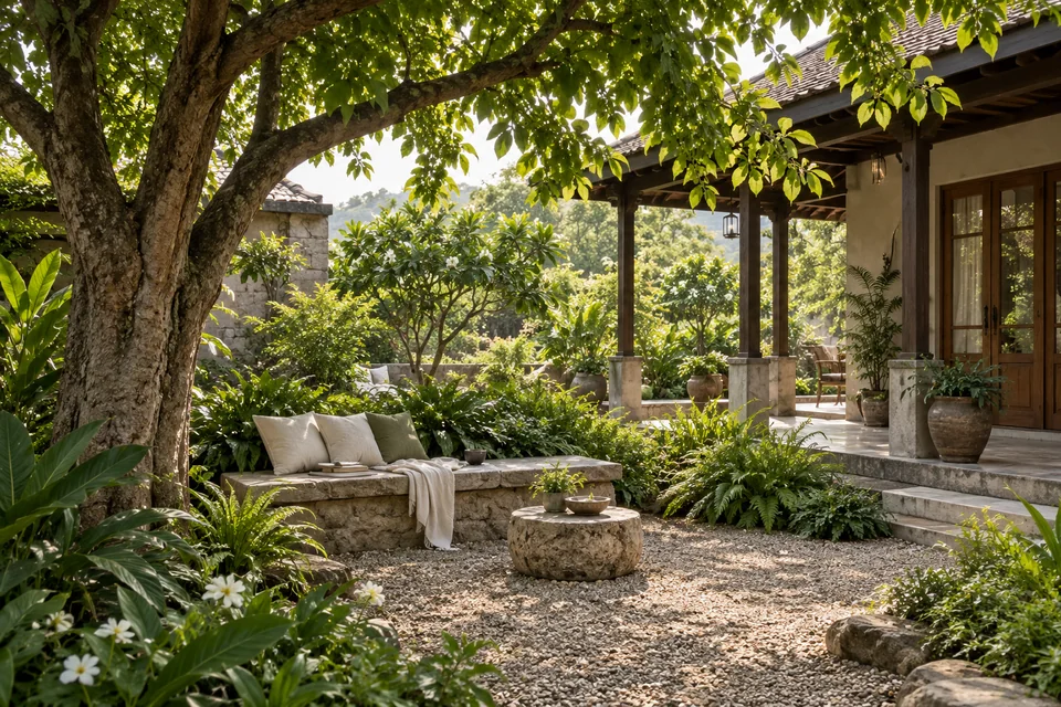 AI-generated farmhouse concept: a shaded garden reading corner.
