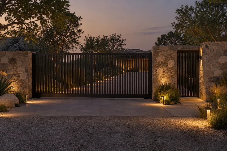 AI-generated farmhouse concept: an entrance lit for evening arrivals.