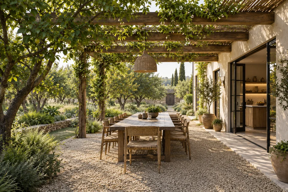 AI-generated farmhouse concept: an open-air dining garden.