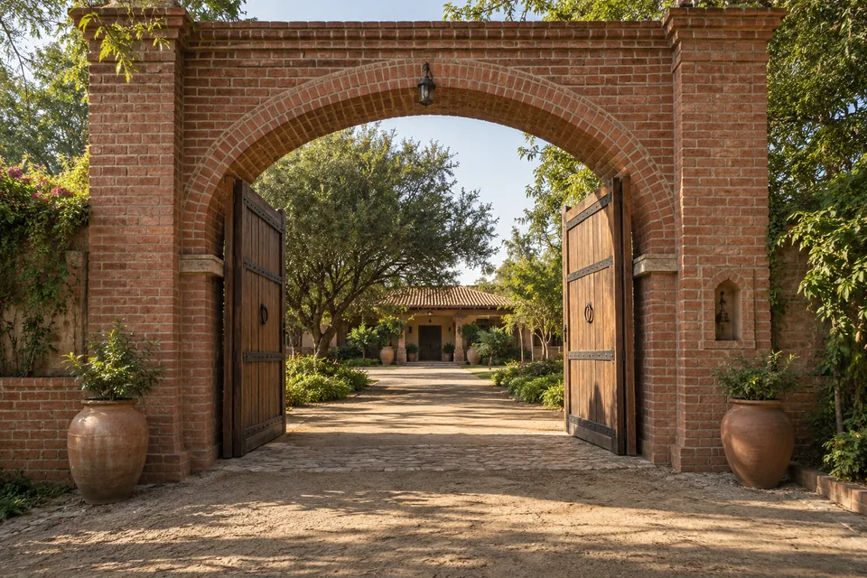 AI-generated farmhouse concept: the brick arch arrival.